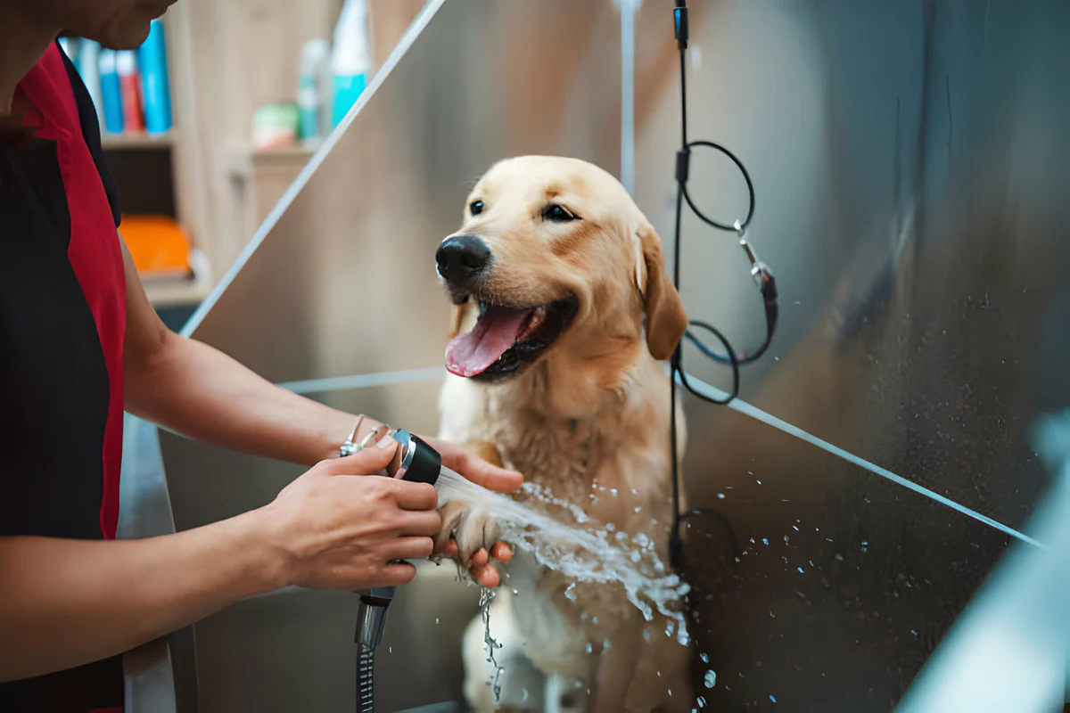  A picture of a dog being bathed with soap bubbles